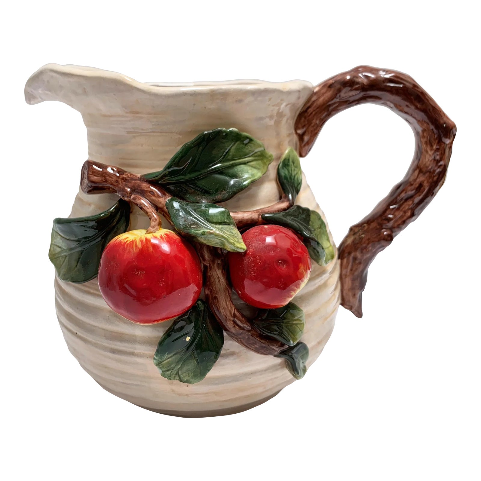Earthy Pottery Pitcher With Textured Apples on a Branch | Chairish