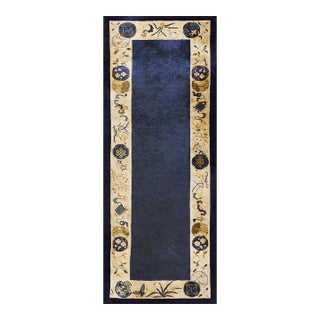 1920s Antique Blue Open Field Geometric Chinese Peking Handknotted Runner Rug For Sale