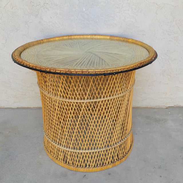 MCM Rattan Wicker Woven + Glass Round Side Table Chairish