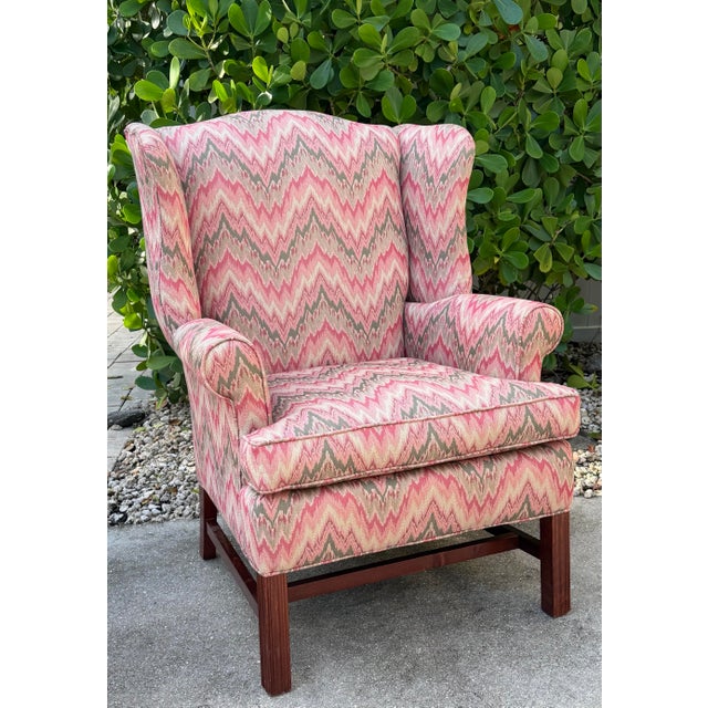 Late 20th Century Vintage American Flamestitch Wingback Chair + Ottoman For Sale - Image 5 of 11