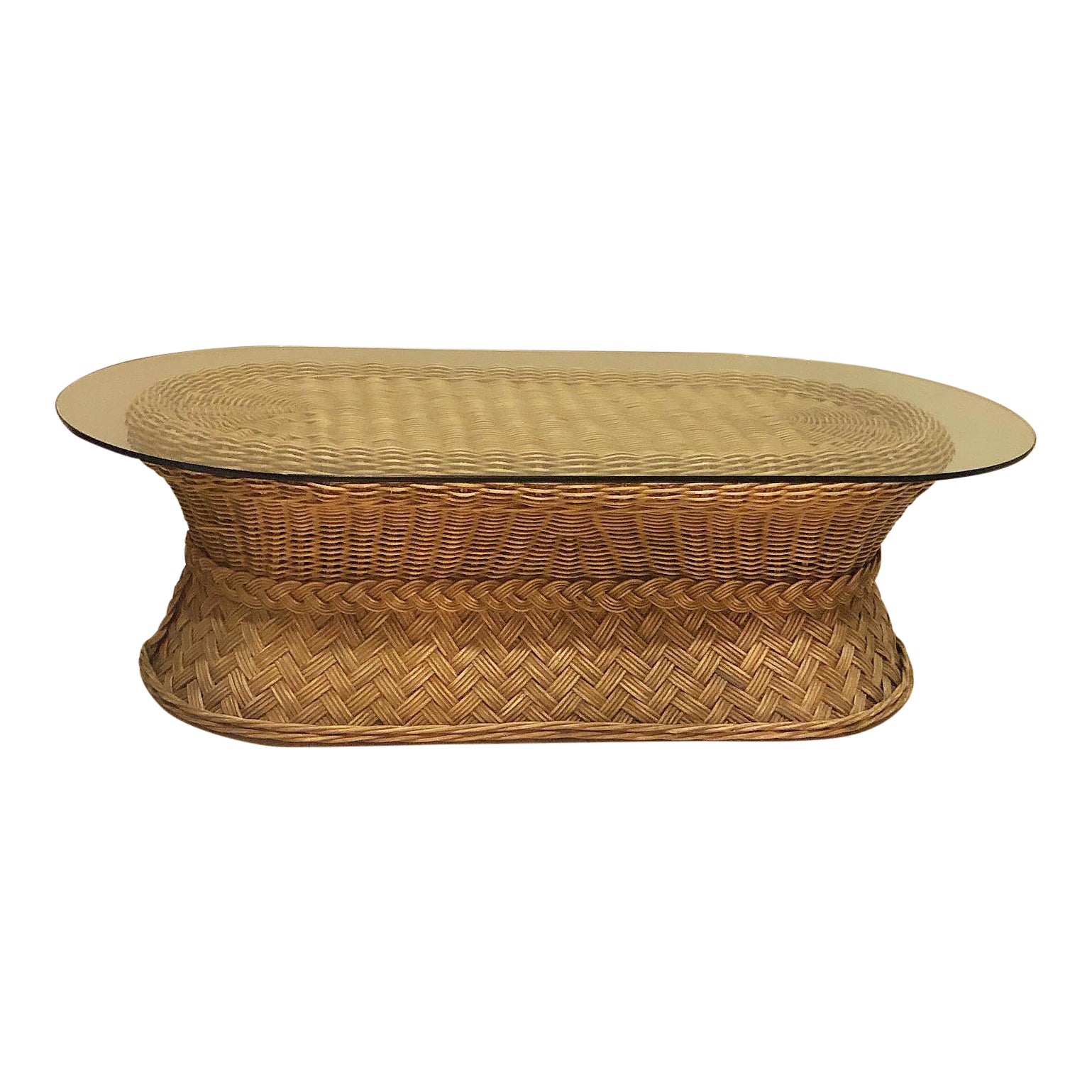 Vintage Boho Chic Mcguire Rattan Coffee Table With Glass Top