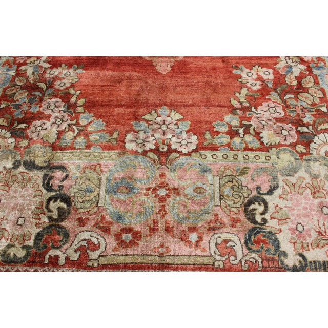 Red Persian Antique Mahal Rug With Beautiful Floral Design in Red, Pink, and Green For Sale - Image 8 of 12