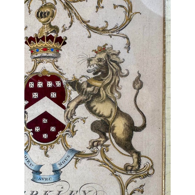 18th Century Pair of Framed 18th-Century Hand-Colored English Armorial Engravings – Belasyse and Berkeley. For Sale - Image 5 of 11