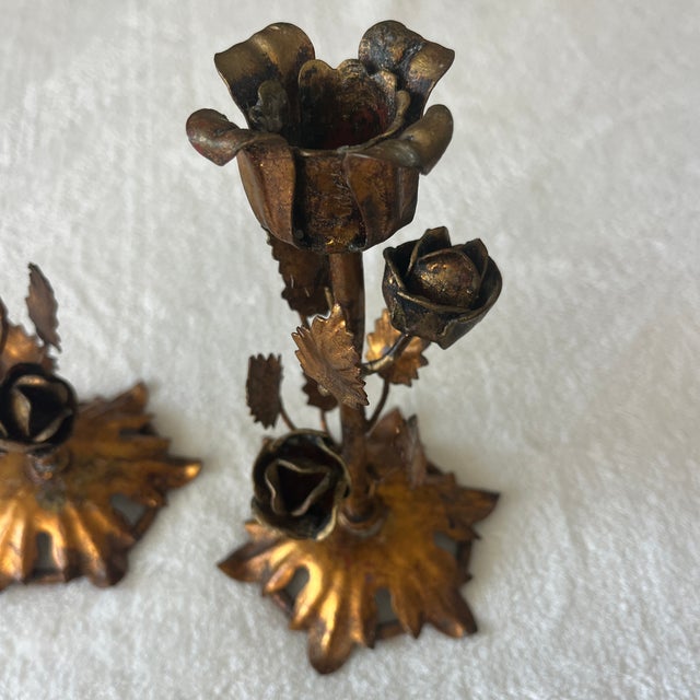 Antique Italian Gilded Tole Candlesticks For Sale - Image 4 of 8