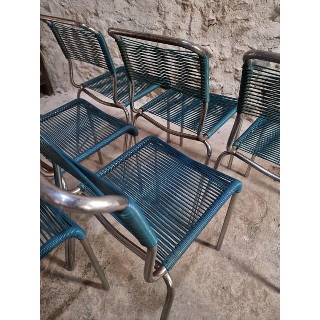 20th Century French Spaghetti Chairs and Ottoman with Chrome Frame, 1960s, Set of 7 For Sale - Image 9 of 18