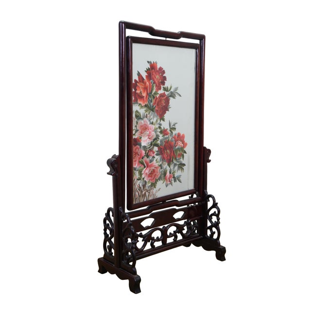 Chinoiserie Chinese Silk Embroidered Peony Reticulated Rosewood Fire Screen Panel 31" For Sale - Image 3 of 18