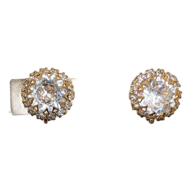 Vintage Signed 1950s Hattie Carnegie Round Goldtone Clear Rhinestone Clip Earrings-2 Pieces For Sale