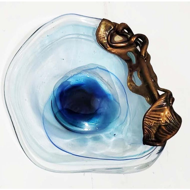20th Century Modern Filip Ravert Blue Hand-Blown Art Glass and Bronze Overlay Centerpiece Bowl For Sale - Image 4 of 8