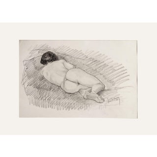 Early 1900's European Antique Classical Female Reclining Nude Figure Drawing in Charcoal on Paper With Mat, Signed by Artist For Sale