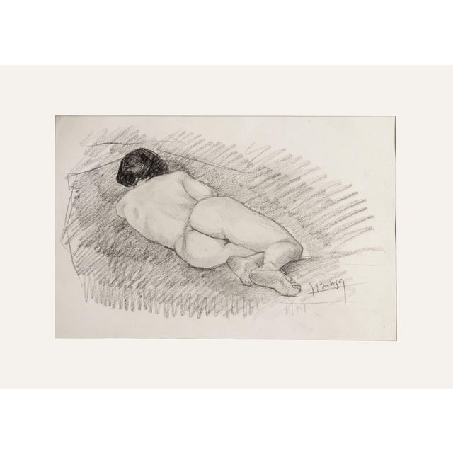 Early 1900's European Antique Classical Female Reclining Nude Figure Drawing in Charcoal on Paper With Mat, Signed by Artist For Sale