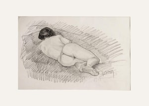 Early 1900's European Antique Classical Female Reclining Nude Figure Drawing in Charcoal on Paper With Mat, Signed by Artist