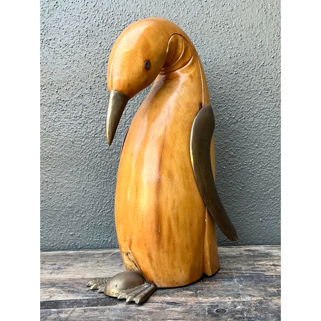 Mid-Century Modern Vintage Carved Wood and Brass Penguin For Sale - Image 3 of 12