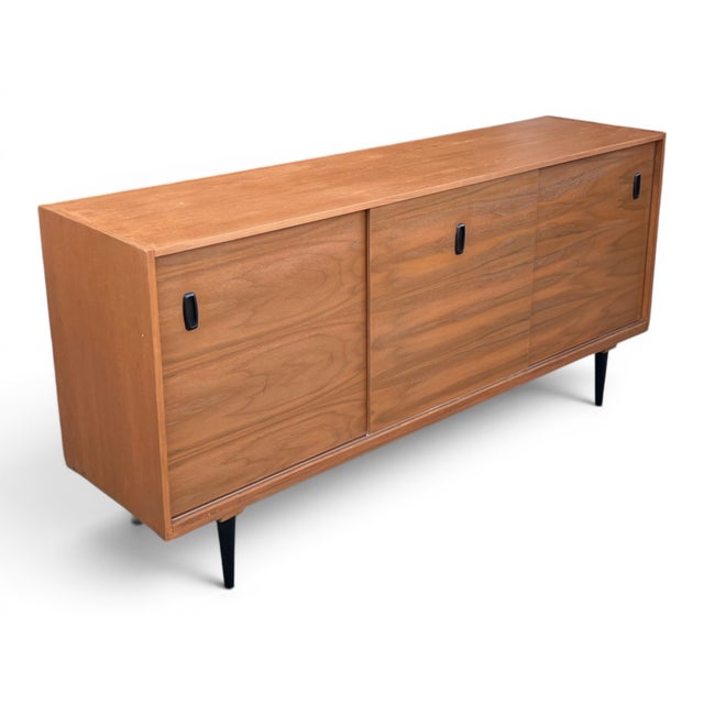 Brown Mid-Century Modern Teak Buffet Credenza With Sliding Doors & Adjustable Shelves For Sale - Image 8 of 15