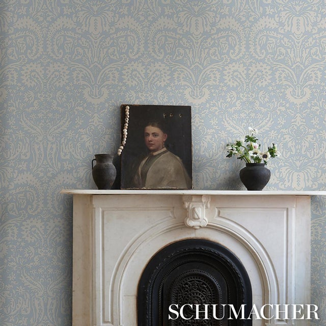 2020s Sample - Schumacher Suffolk Damask Wallcovering In Blue For Sale - Image 5 of 6