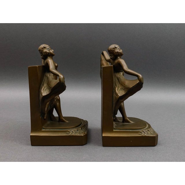 Mid 20th Century Loie Fuller Dancing Girl Flapper Spelt Bronze Pair of Bookends For Sale - Image 5 of 9
