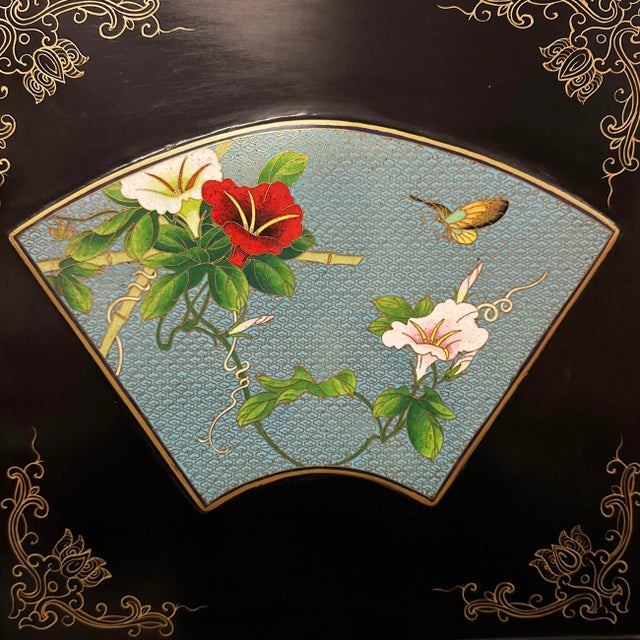 Black Early 20th Century Chinese Folding Screen/Room Divider With Cloisonne Panels For Sale - Image 8 of 18