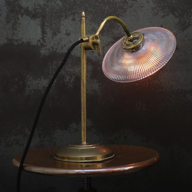 French Holophane Glass and Brass Desk Light For Sale - Image 6 of 9