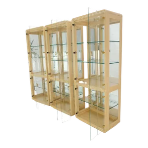 3 Blond Wood Glass Door Curio Cases Display Vitrine Cabinet Glass Shelves - Set of 3