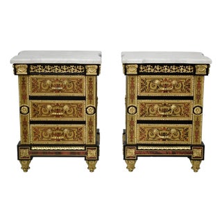Pair of Antique Style Marble Top Boulle Style End Tables / Nightstands For Sale
