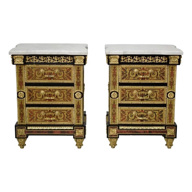 Pair of Antique Style Marble Top Boulle Style End Tables / Nightstands For Sale