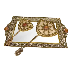 3 Piece Set Vintage Brass Filigree Vanity Set