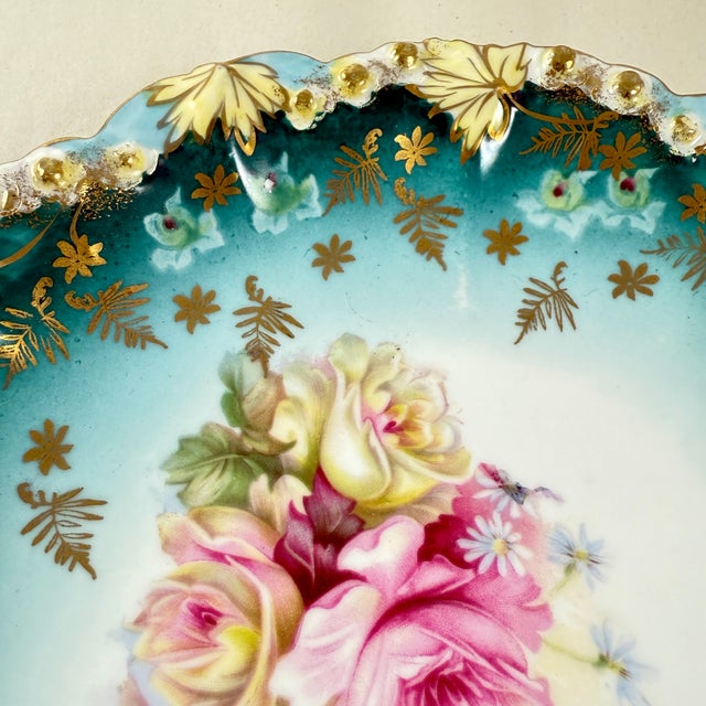 Traditional 1900s Bohemia Porcelain Teal Blue Gilded Rose Plate For Sale - Image 3 of 8