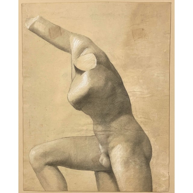Antique 19th Century French Figurative Sketch of Sculpture on Paper, Framed. Figurative charcoal and crayon sketch of...