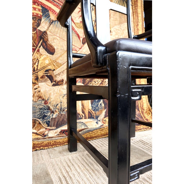 Early 20th Century Black Lacquer Chinese Influence Charcoal Leather Dining Chairs- Set of 4 For Sale - Image 11 of 13