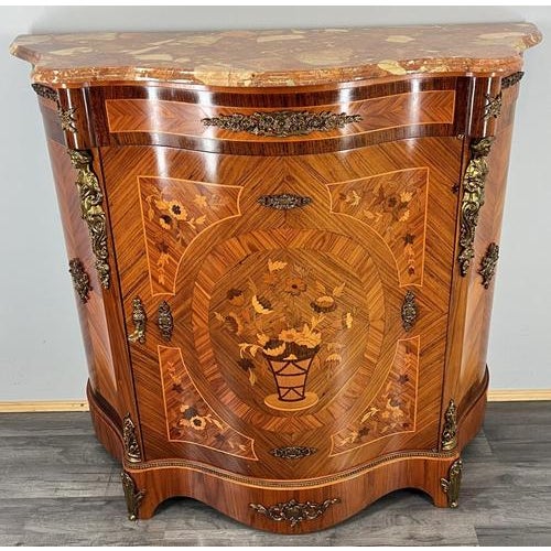 Vintage French Inlaid Cabinet with Brass Ormolu and Marble Top For Sale - Image 17 of 17