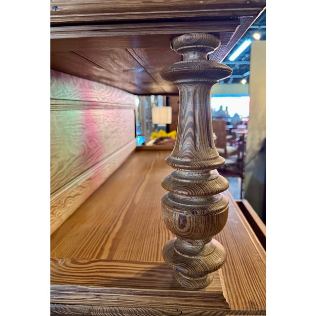 Beautiful 19th Century Pitch Pine Double Buffet With Hand Carved Motifs and Brass Hardware For Sale - Image 11 of 12