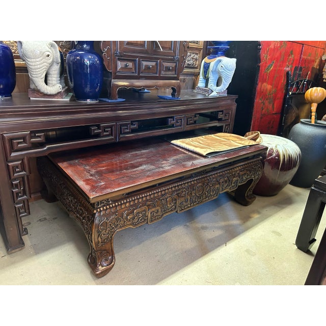 Vintage Rustic Brown Ru Yi Carving Rectangular Wood Kang Coffee Table For Sale - Image 11 of 11