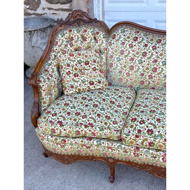Antique Victorian Walnut Serpentine Cream Floral Upholstered Sofa For Sale - Image 9 of 11
