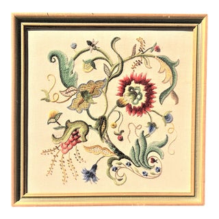 Vintage 1930/40s Jacobean Style Crewel Work in Original Frame For Sale