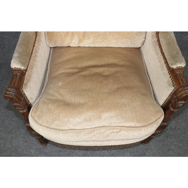 Brown Pair of Antique French Louis XVI Bergère Chairs, Walnut Carved Frames With Down Cushions, Turn of the Century For Sale - Image 8 of 15