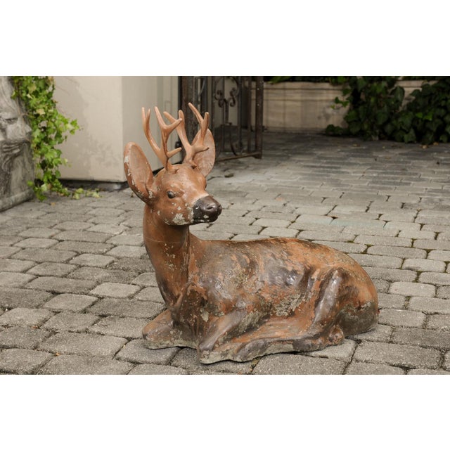 Vintage American Concrete Reclining Deer Sculpture with Iron Antlers and Patina For Sale - Image 4 of 11