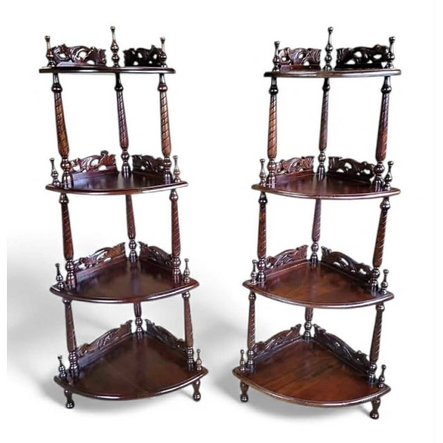 Beautiful pair of vintage Victorian hand carved hand turned detail "What Not" shelves. Rich Mahogany wood with a beautiful...
