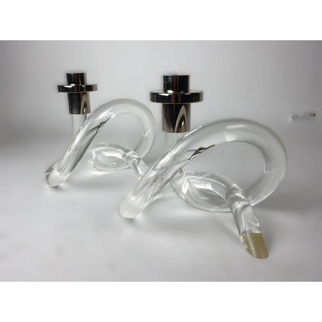 Mid-Century Modern 1970's Dorothy Thorpe Lucite & Chrome Pretzel Candle Holders - A Pair For Sale - Image 3 of 5