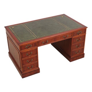 Reprodux English Yew Wood Green Leather Top Desk For Sale