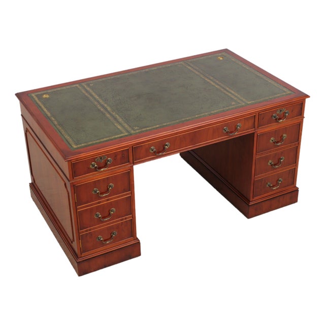 Reprodux English Yew Wood Green Leather Top Desk For Sale
