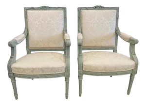 Pair of Louis XVI Style Throne or Arm Chairs, Paint Decorated Frames