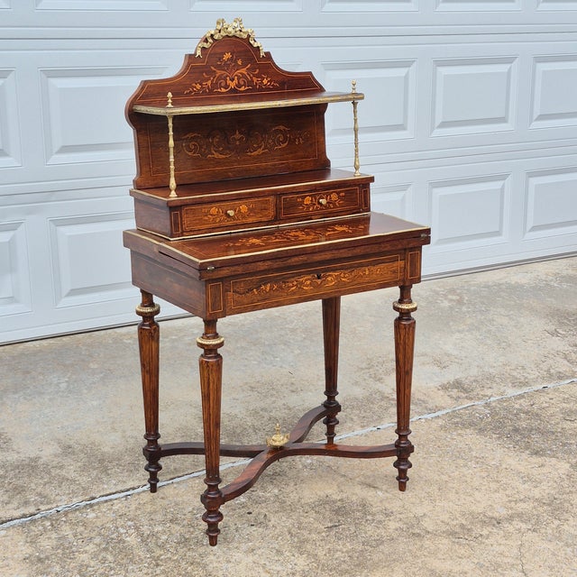 19th Century Antique French Regency Inlaid Rosewood Bronze Mounted Ladies Tiered Writing Desk (Bonheur Du Jour) For Sale - Image 16 of 16