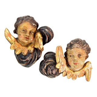 Baroque Carved Wooden Angels with Original Polychromy, 18th Century, Set of 2 For Sale