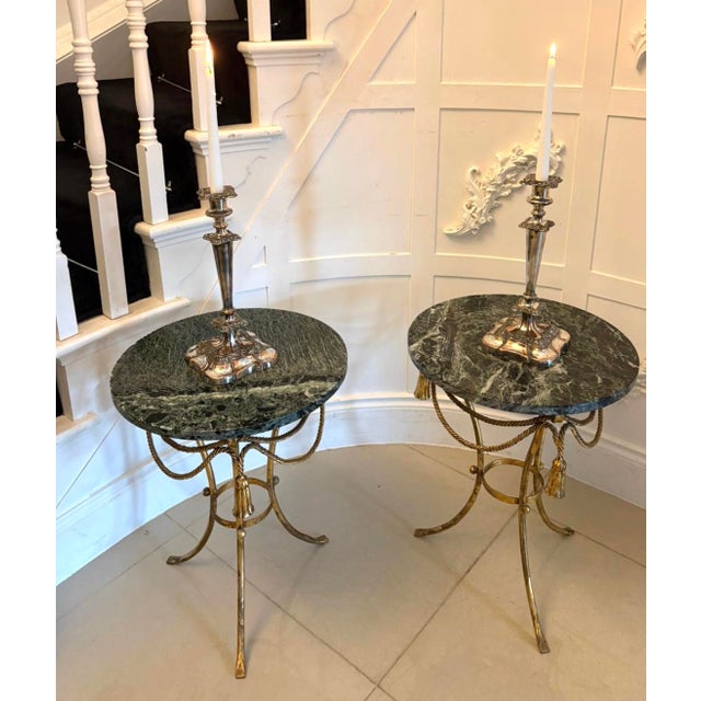 Antique Italian Gilt Metal and Verde Marble Tassel Side Tables, 1920, Set of 2 For Sale - Image 4 of 14