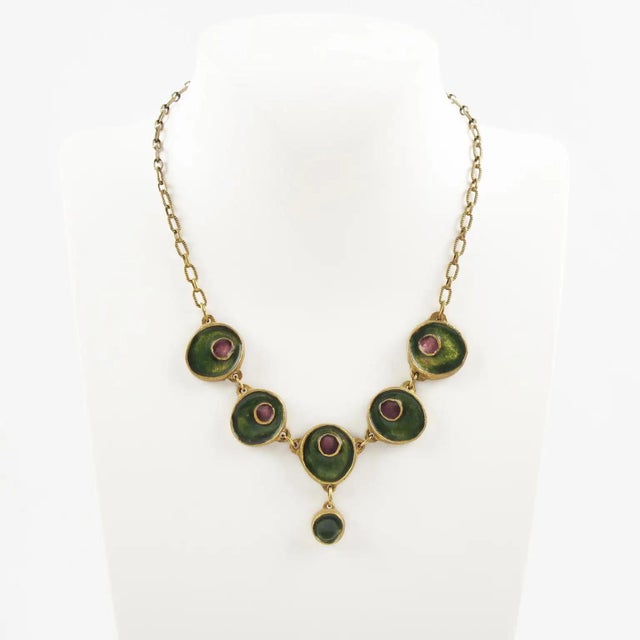 Mid-Century Modern Gilded Bronze Choker Necklace with Green and Purple Enamel For Sale - Image 3 of 8