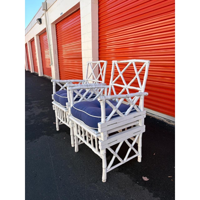 Pair of White Faux Bamboo Chippendale Armchairs With Blue Cushions For Sale - Image 4 of 8