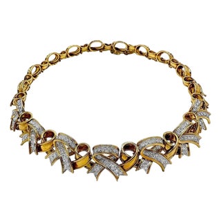 Mid 20th Century Vintage Tiffany & Co. Ribbons Collection Necklace in Gold Platinum and Diamonds For Sale