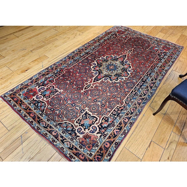 1900 - 1909 Vintage Persian Bidjar Gallery Rug, Hand-Knotted Wool, Geometric Medallion Pattern, Red & Navy, 5x9 For Sale - Image 5 of 17