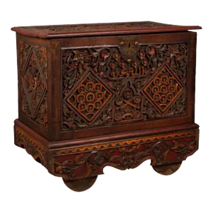 Antique Indonesian Hand Carved Blanket Chest with Polychrome Design and Wheels