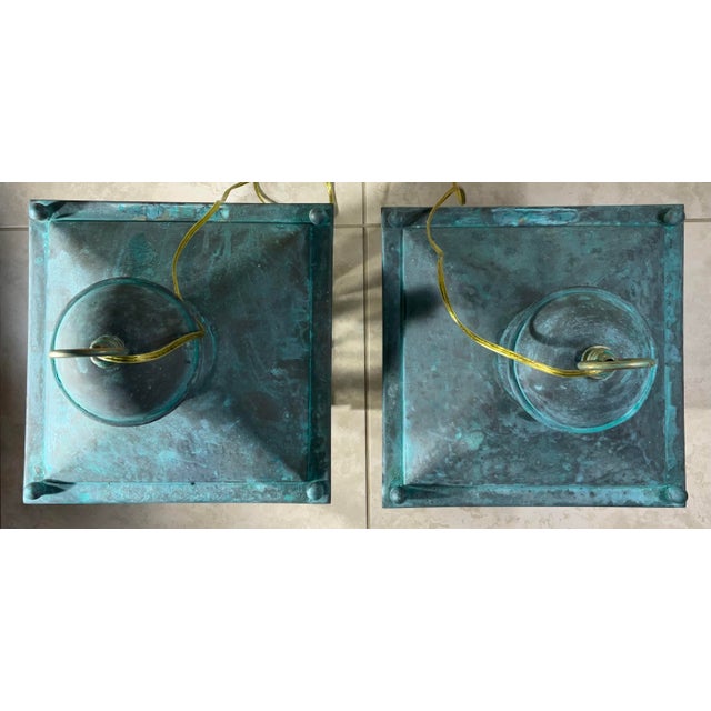 Large Pair of Vintage Copper Hanging Lanterns - 12”x 12”x 24” For Sale - Image 10 of 12