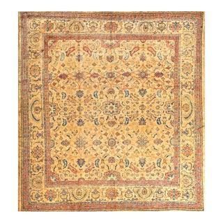 1890s Tan Khaki Floral Hand Knotted Antique Persian Sultanabad Rug 8'6" X 8'10" Wool Carpet For Sale